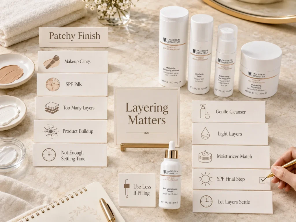 Luxury skincare education image showing why makeup can look patchy and SPF can pill even when moisturizer is used.