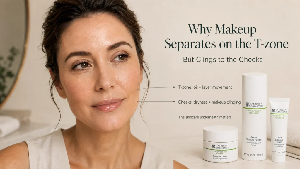 Woman with subtle makeup separation on the oily T-zone and foundation clinging to drier cheeks.