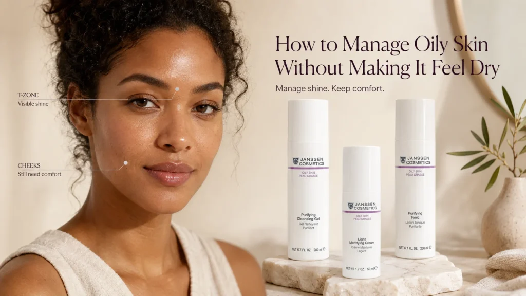 Woman with visible T-zone shine and comfortable cheeks beside Janssen Cosmetics Oily Skin cleanser, tonic, and lightweight mattifying cream.