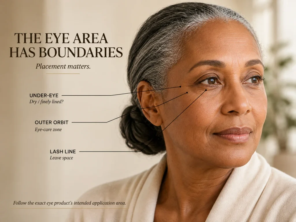 Mature woman with direct leader lines identifying the under-eye, outer orbital eye-care area, and lash-line boundary.