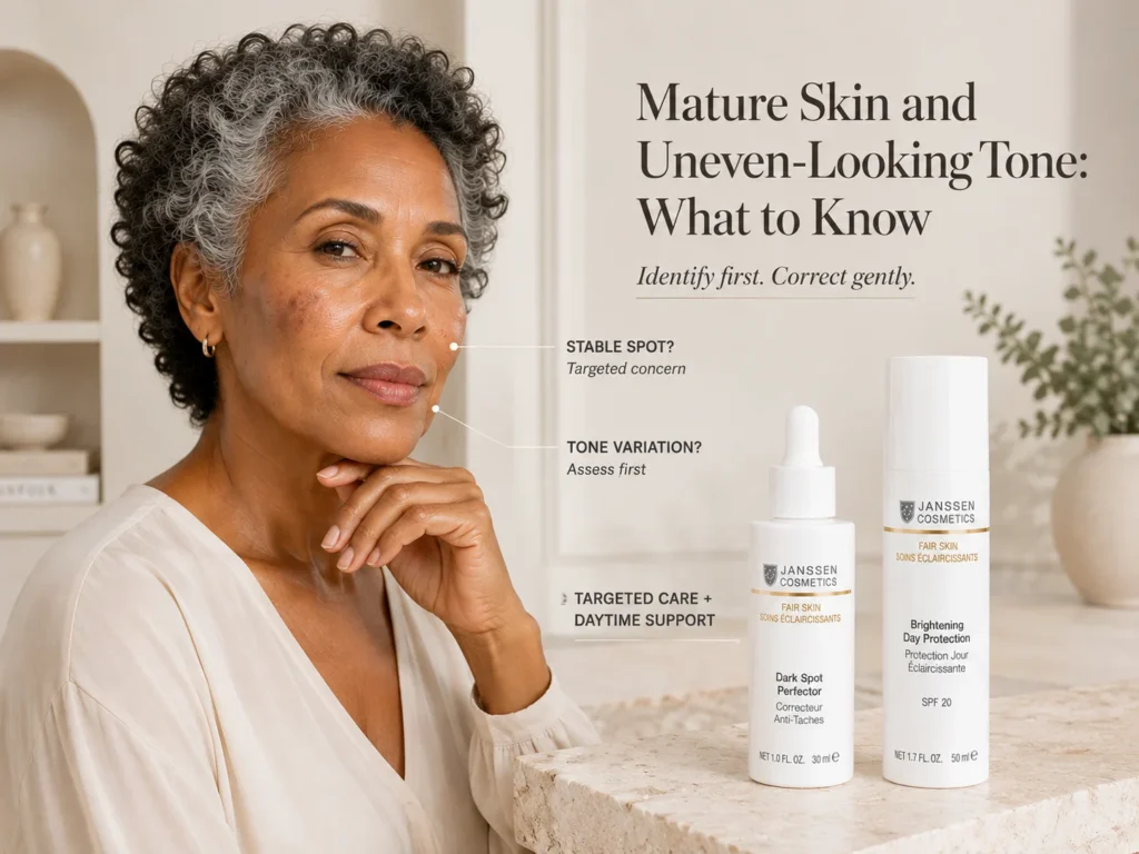 Mature woman with natural skin tone and subtle stable visible spots beside Janssen Dark Spot Perfector and Brightening Day Protection when exact official product photos are available.