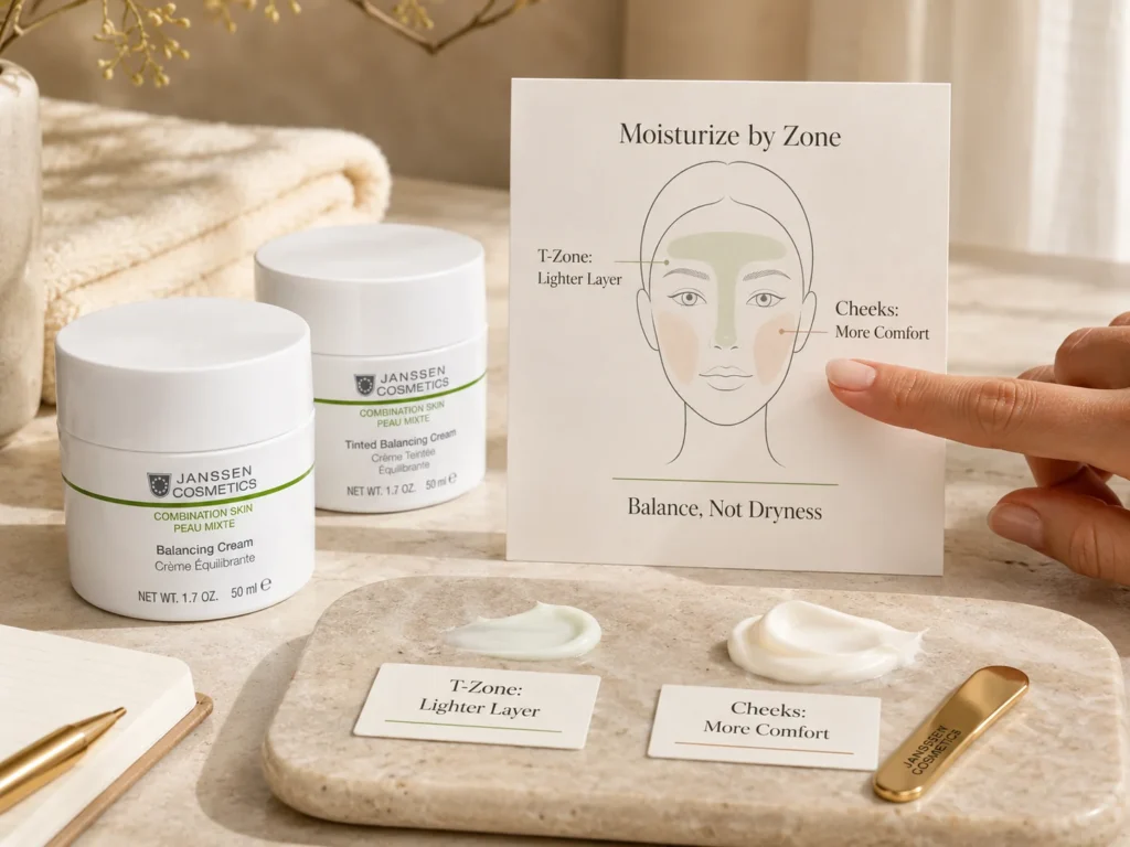 Luxury skincare image showing moisturizer by zone for combination skin using Janssen Cosmetics Balancing Cream and Tinted Balancing Cream.