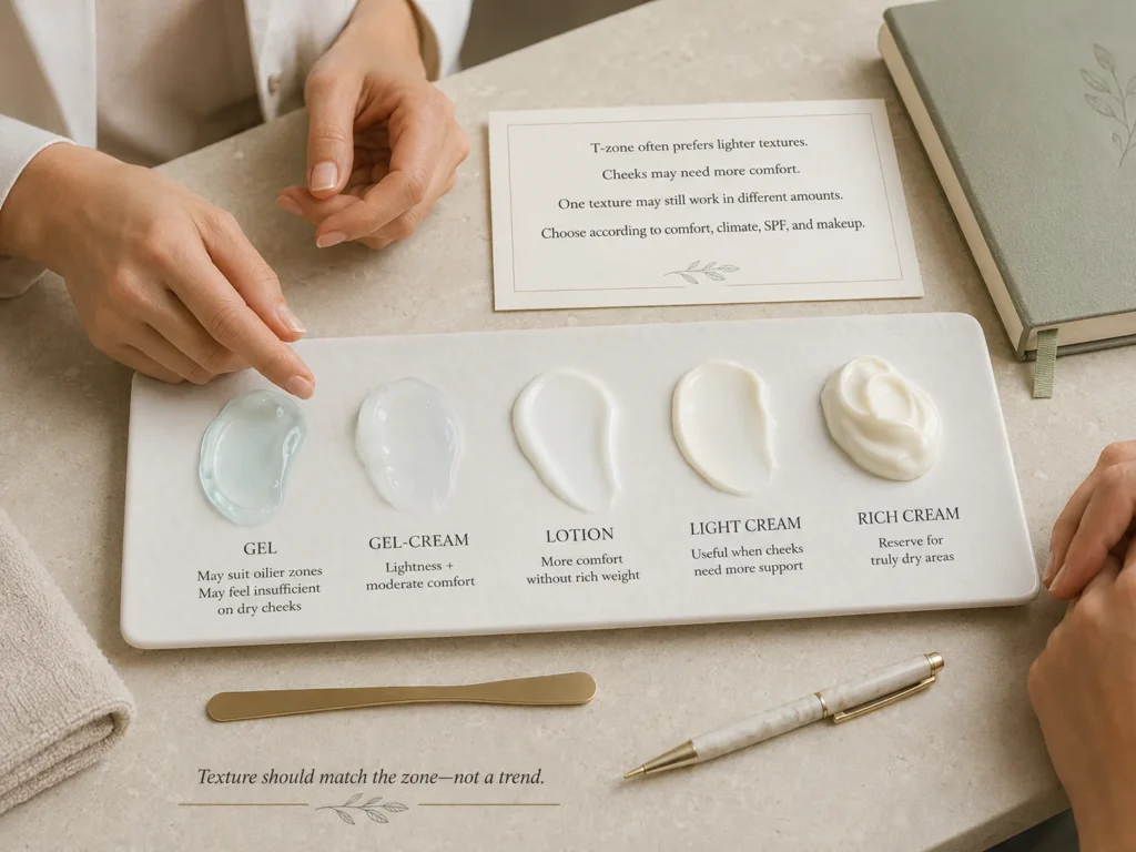 Moisturizer texture spectrum comparing gel, gel-cream, lotion, light cream, and rich cream for combination-skin zones.
