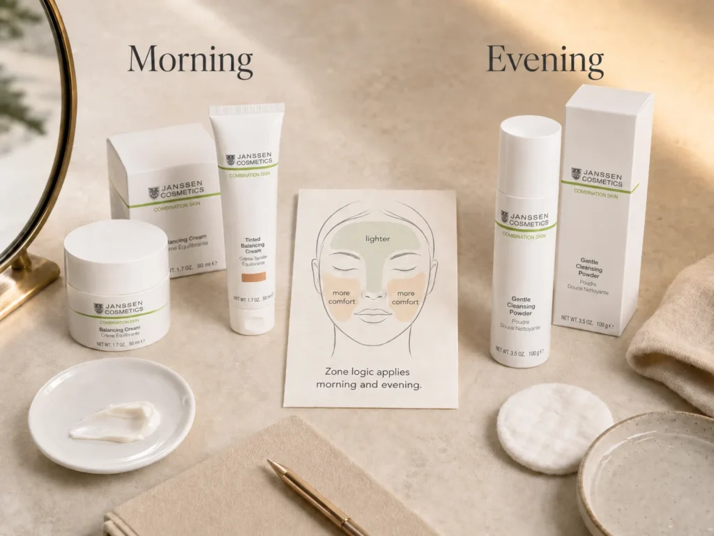 Morning and evening combination-skin guide showing daytime protection and lightweight layering versus gentle nighttime removal and moisturizer support.