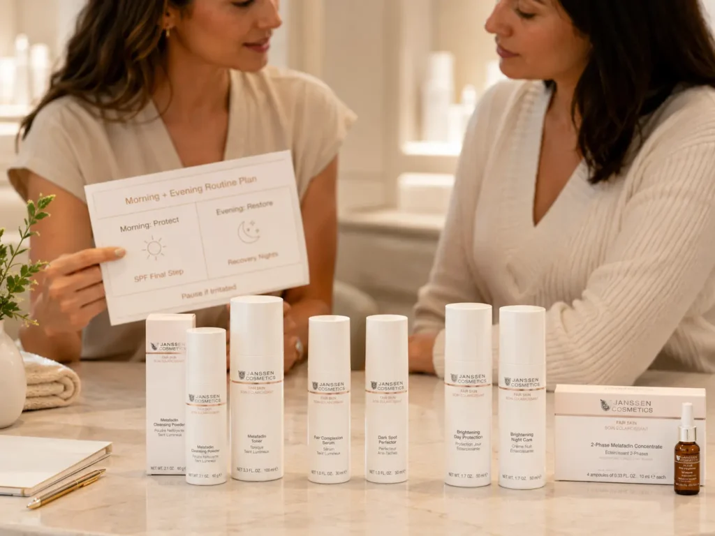 Esthetician-guided consultation showing morning and evening Fair Skin routine planning for uneven-looking tone.