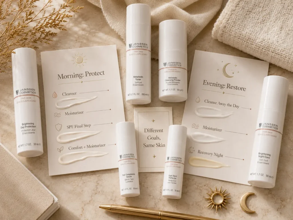 Luxury educational image comparing morning protection and evening recovery routines for uneven-looking tone.