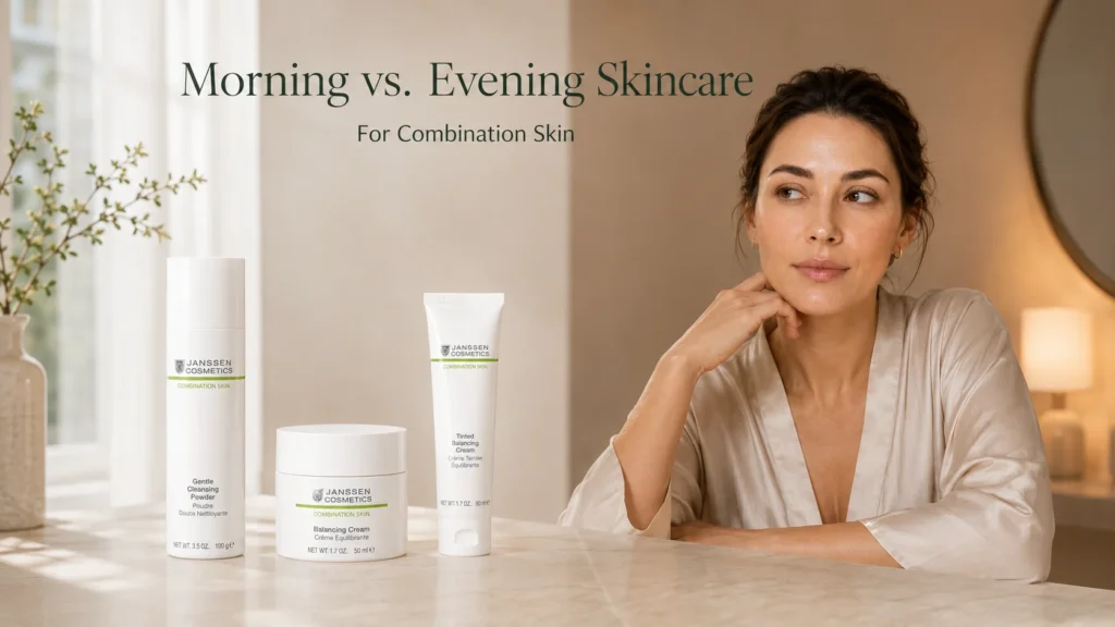 Adult woman with realistic combination skin in a refined morning-to-evening setting illustrating different daytime and nighttime skincare goals.
