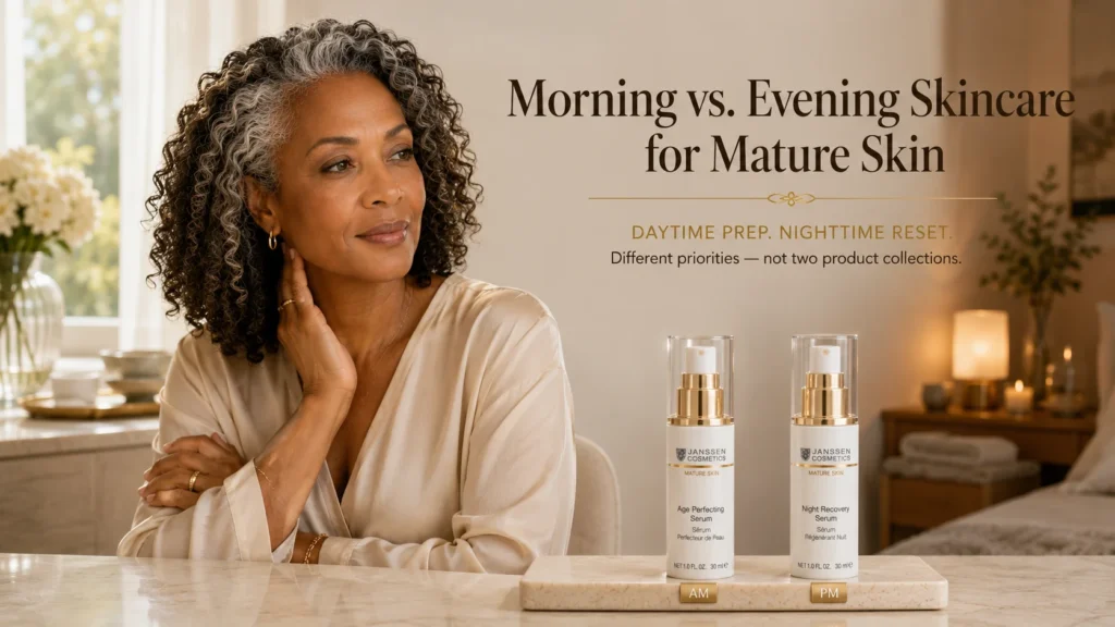 Mature woman beside optional Janssen Age Perfecting Serum for morning and Night Recovery Serum for evening when exact official product photographs are available.