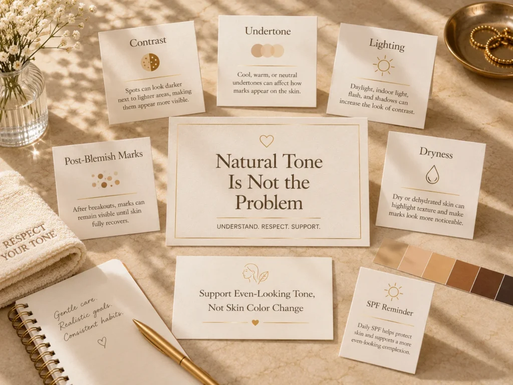 Luxury educational image explaining that natural skin tone is not the problem and dark spots may look more noticeable because of contrast, undertone, lighting, or SPF finish.