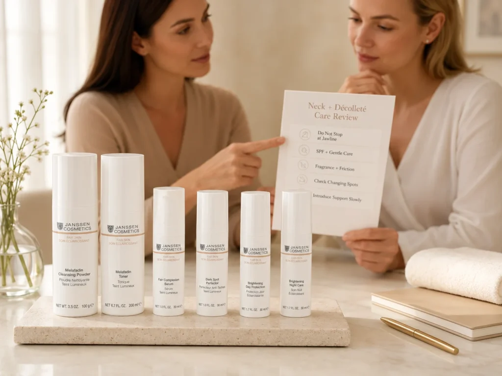 Esthetician-guided consultation showing Fair Skin routine guidance for uneven-looking tone on the neck and décolleté.