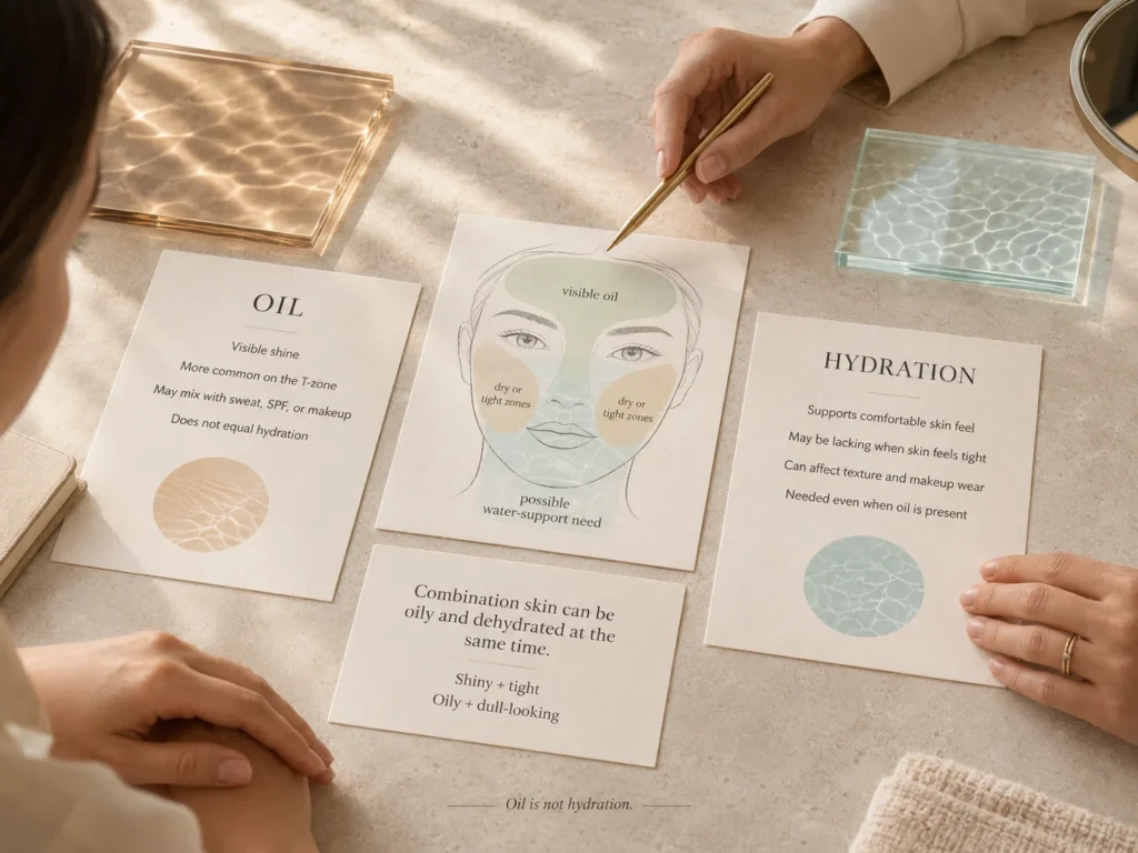 Educational guide comparing visible facial oil with hydration support and showing how combination skin can feel shiny and tight simultaneously.