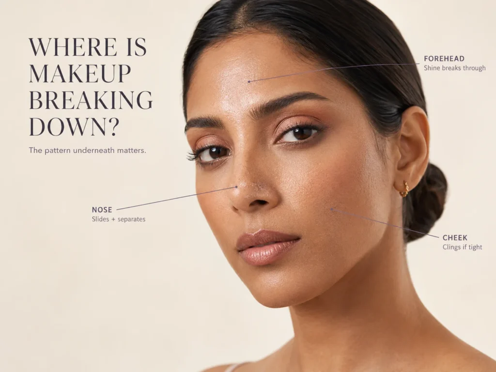 Makeup-wearing model with arrows showing foundation separation around the oily nose and forehead and clinging on a tighter cheek area.