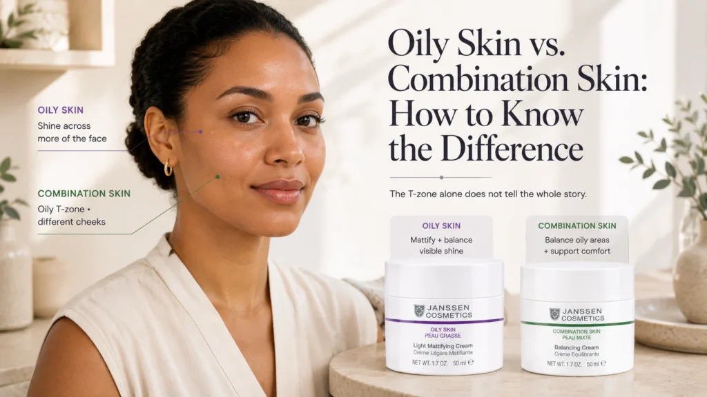 Woman illustrating oily versus combination skin beside Janssen Oily Skin Light Mattifying Cream and Combination Skin Balancing Cream.
