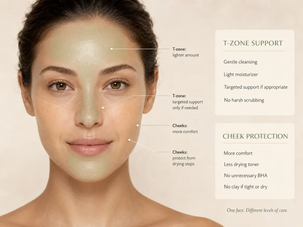Combination-skin zone map showing lighter T-zone care and more protective moisturizer support for dry cheeks.