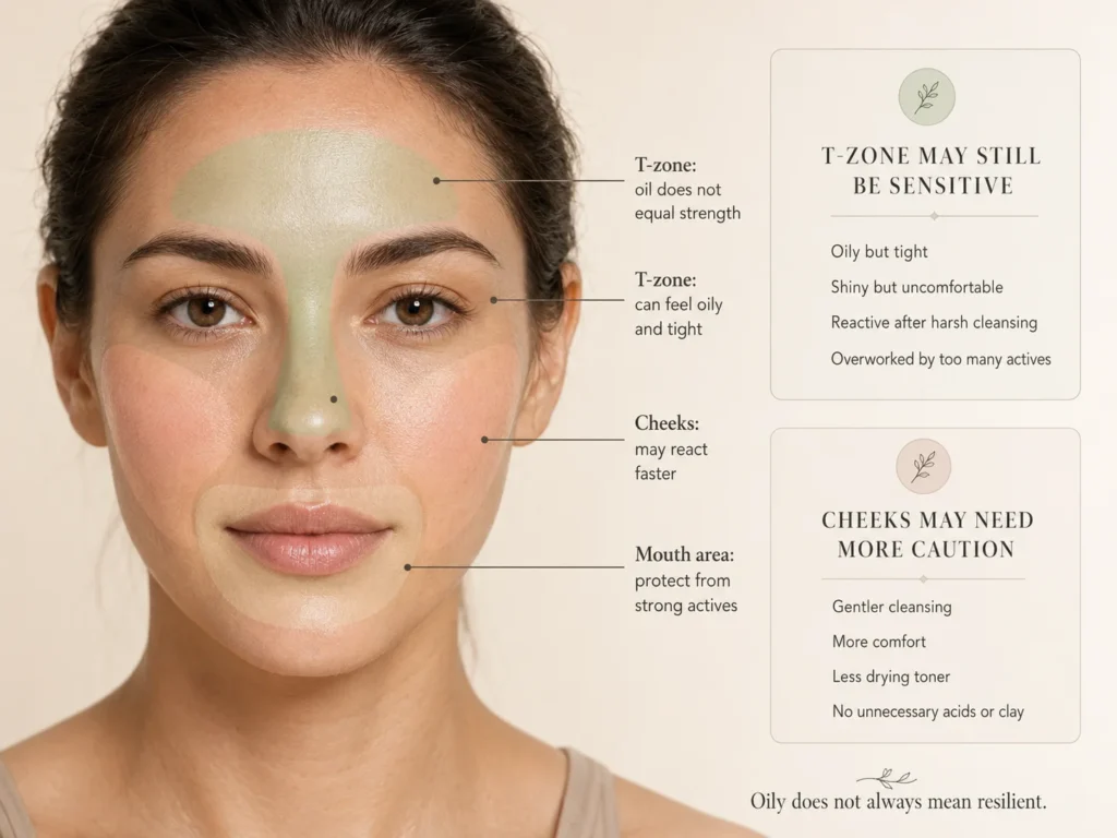 Combination-skin zone guide showing that an oily T-zone may still be reactive while the cheeks require gentler care.