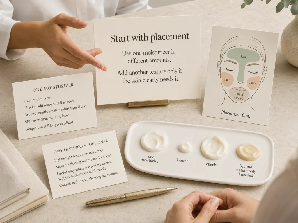 Educational comparison showing how one moisturizer can be applied lightly to the T-zone and more generously to dry cheeks before considering two textures.