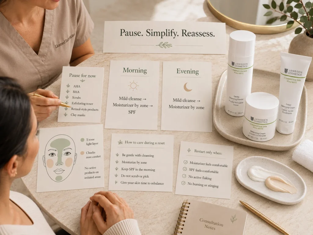 Simple combination-skin reset routine showing mild cleansing, moisturizer by zone, SPF, and a pause on exfoliating products.