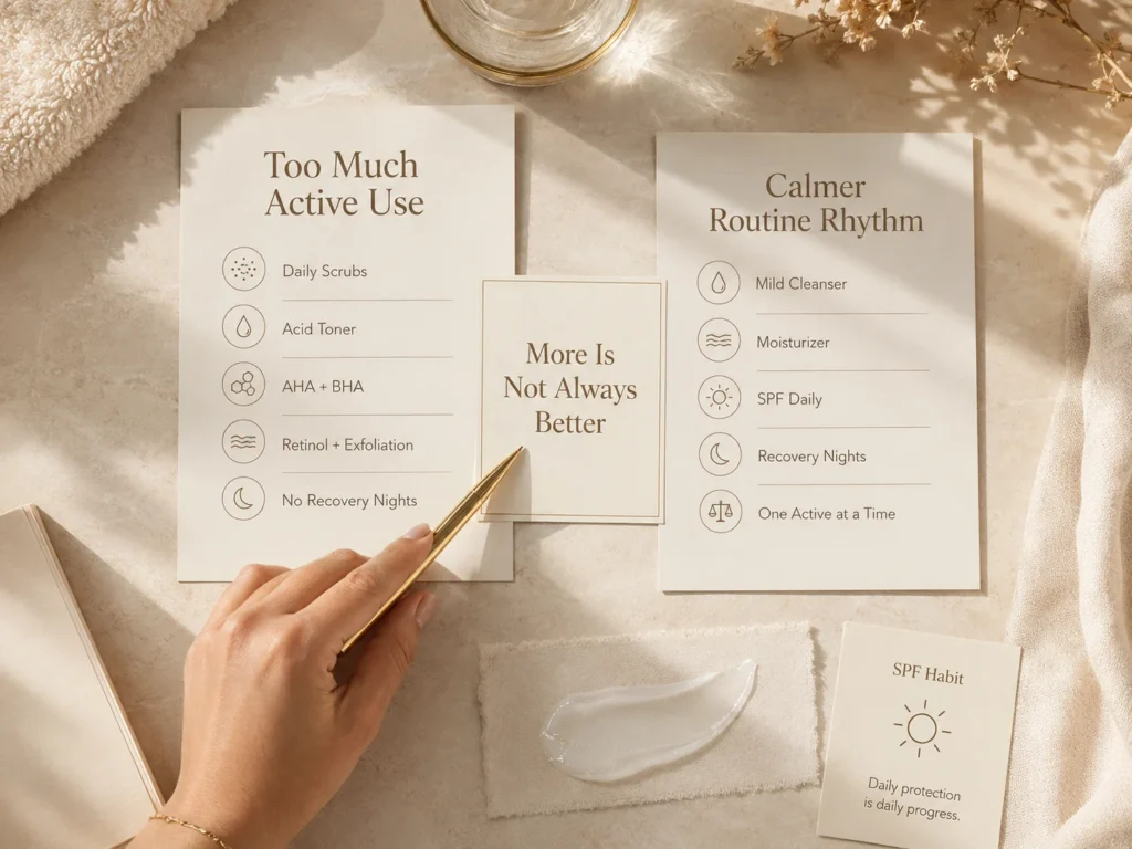 Luxury educational image showing too much active use versus a calmer skincare routine rhythm for uneven-looking tone.