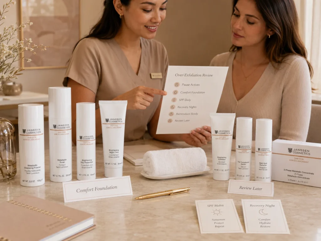 Esthetician-guided consultation reviewing over-exfoliation and uneven-looking tone with verified Janssen Cosmetics FAIR SKIN products.