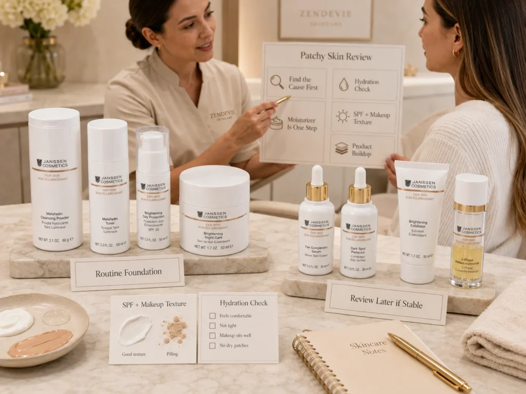Esthetician-guided consultation reviewing why skin still looks patchy even when moisturizer is used with verified Janssen Cosmetics FAIR SKIN products.