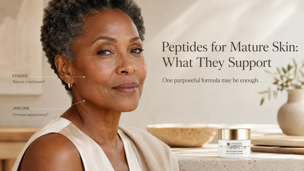 Mature woman with natural skin texture beside Janssen Skin Contour Cream when its exact official product photograph is available, illustrating peptide support as one optional mature-skin choice.