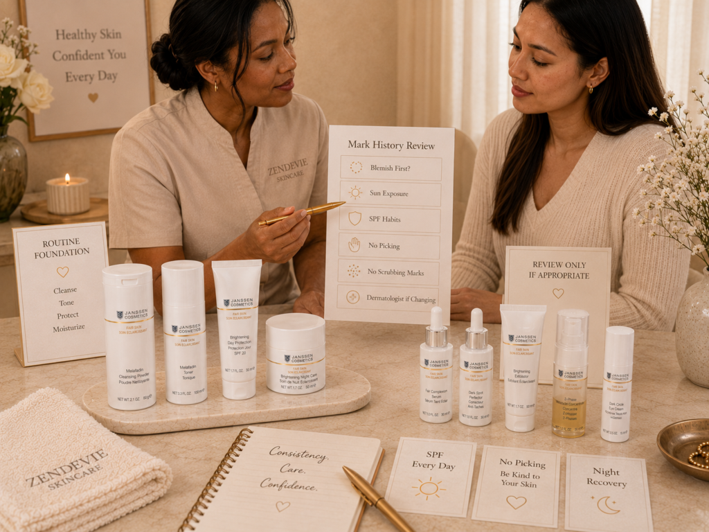 Esthetician-guided consultation reviewing post-blemish marks versus dark spot appearance with a gentle SPF-focused routine approach.