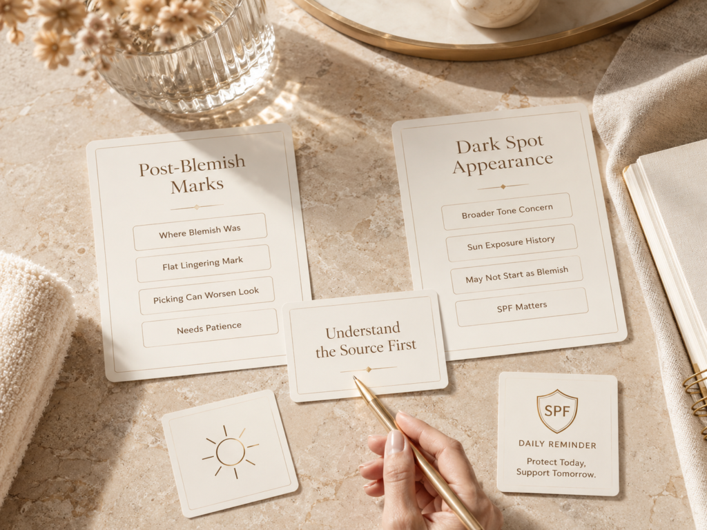 Luxury educational image explaining the difference between post-blemish marks and dark spot appearance.