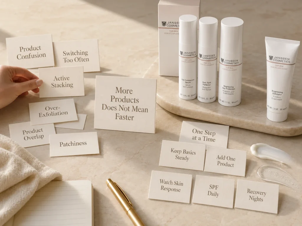 Luxury skincare education image showing that switching products too often and active stacking can slow brightening-support routine progress.