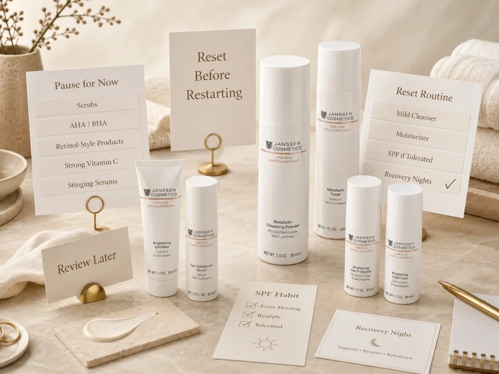 Luxury skincare education image showing how to reset an over-exfoliated uneven-looking skin routine.