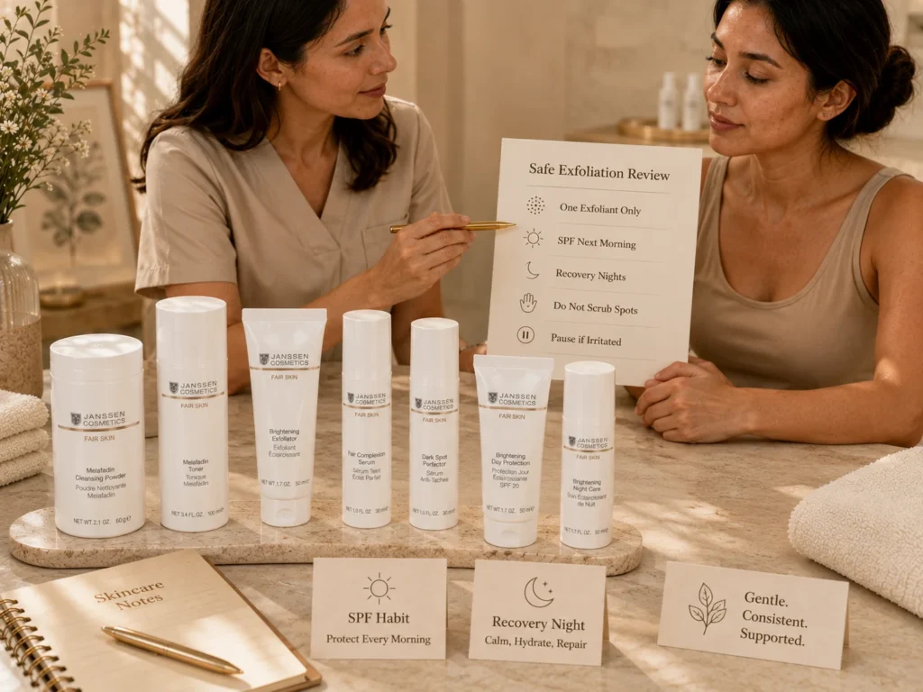 Esthetician-guided consultation showing how to exfoliate uneven-looking skin safely with verified Janssen Cosmetics FAIR SKIN products.