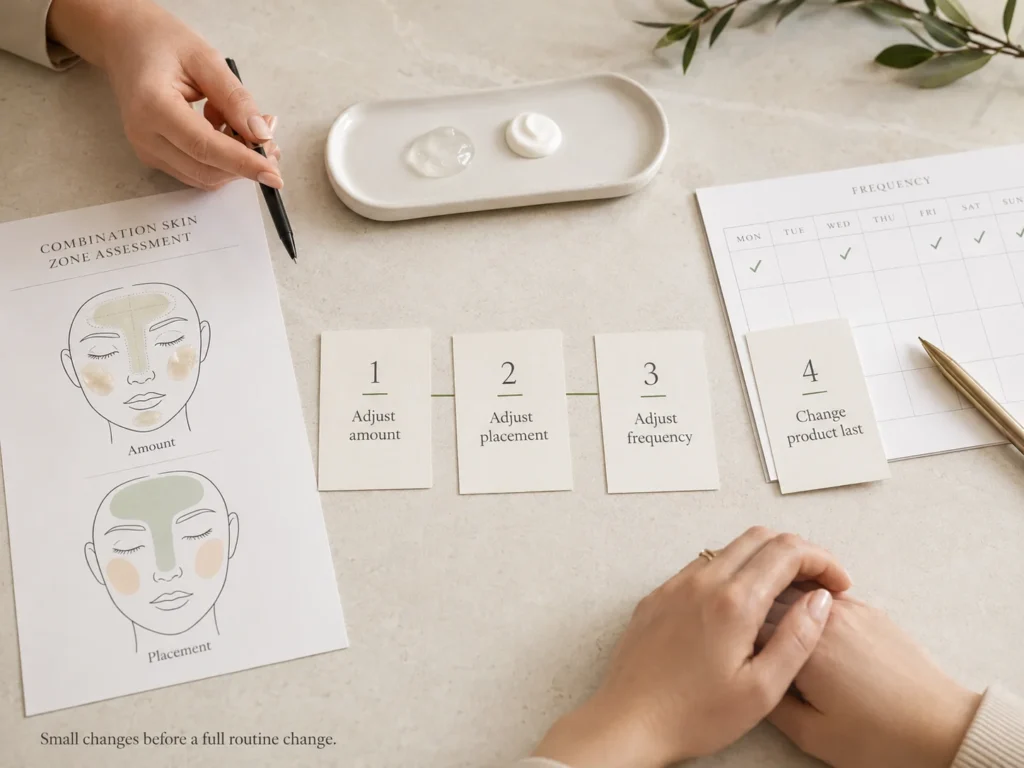 Consultation cards showing the order to adjust product amount, placement, and frequency before changing a skincare product.