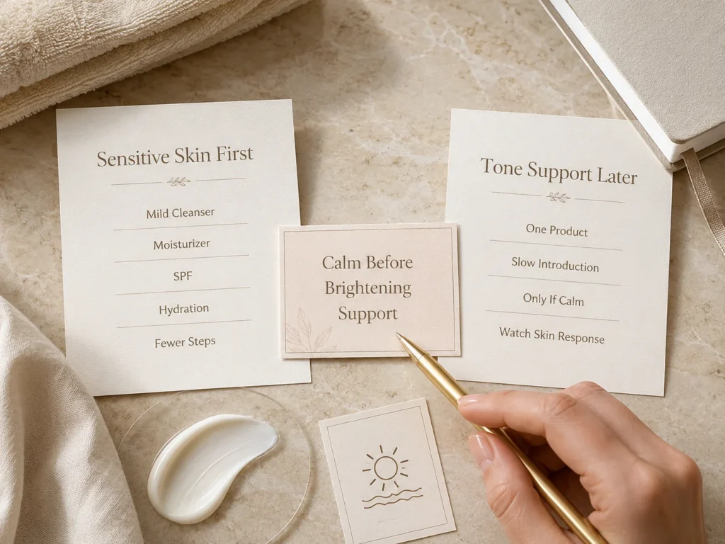 Luxury educational image showing that sensitive uneven-looking skin needs calm, moisturizer, SPF, hydration, and fewer steps before brightening support.