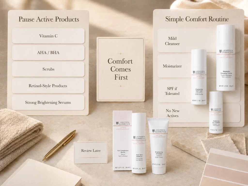 Luxury skincare education image showing when sensitive uneven-looking skin should pause active products and return to comfort-first basics.