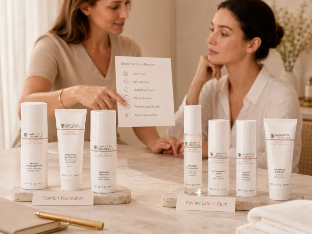 Esthetician-guided consultation reviewing sensitive uneven-looking skin with a calm-first routine approach and verified Janssen Cosmetics FAIR SKIN products.