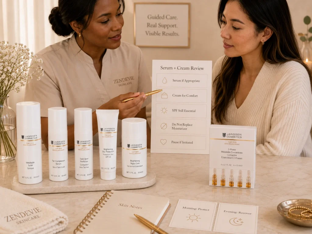 Esthetician-guided consultation showing serum and cream selection for uneven-looking tone with verified Janssen Cosmetics FAIR SKIN products.