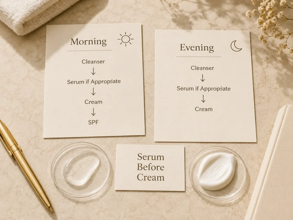 Luxury educational image showing serum before cream and SPF as the final morning step for uneven-looking tone.