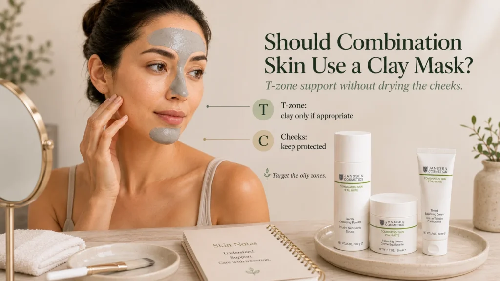 Woman applying a thin clay mask only to the oily T-zone while leaving the cheeks clean and comfortable.