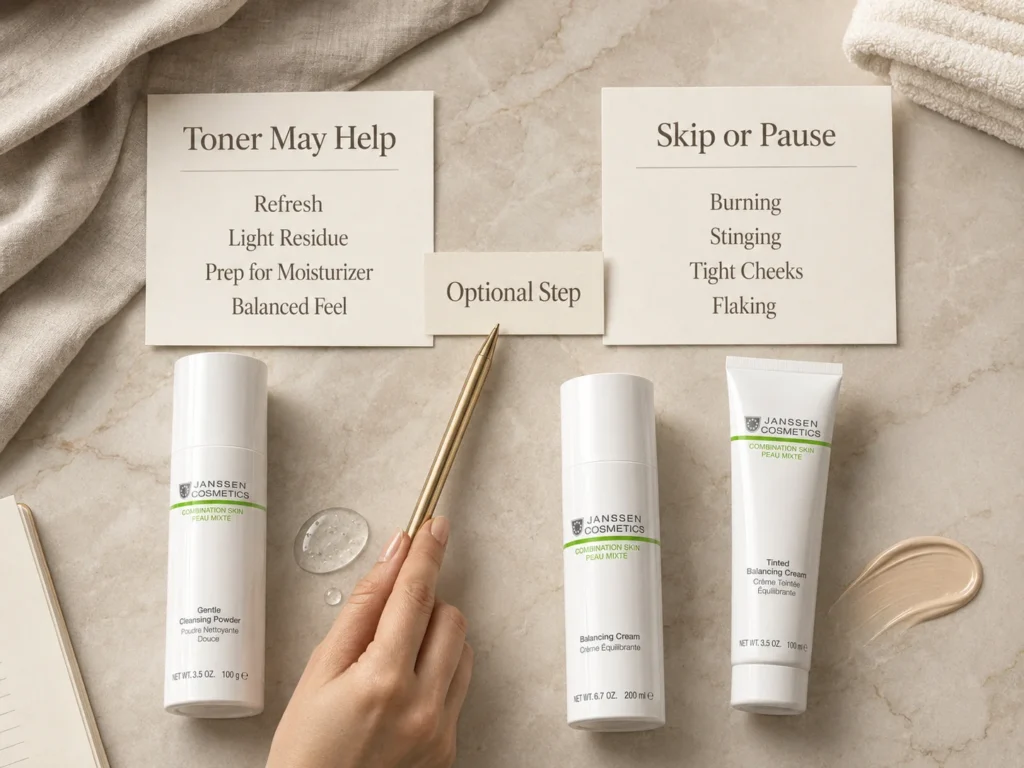 Luxury skincare still life explaining when toner may help combination skin and when to skip or pause it.