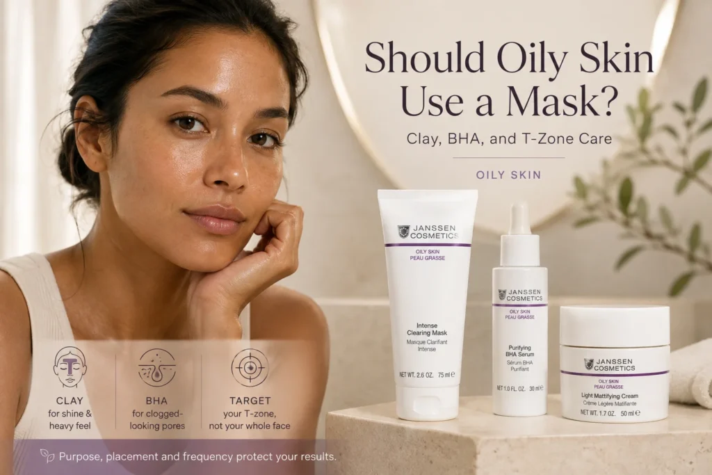 Woman with an oily T-zone beside verified Janssen Cosmetics Oily Skin Intense Clearing Mask and targeted clarifying options.