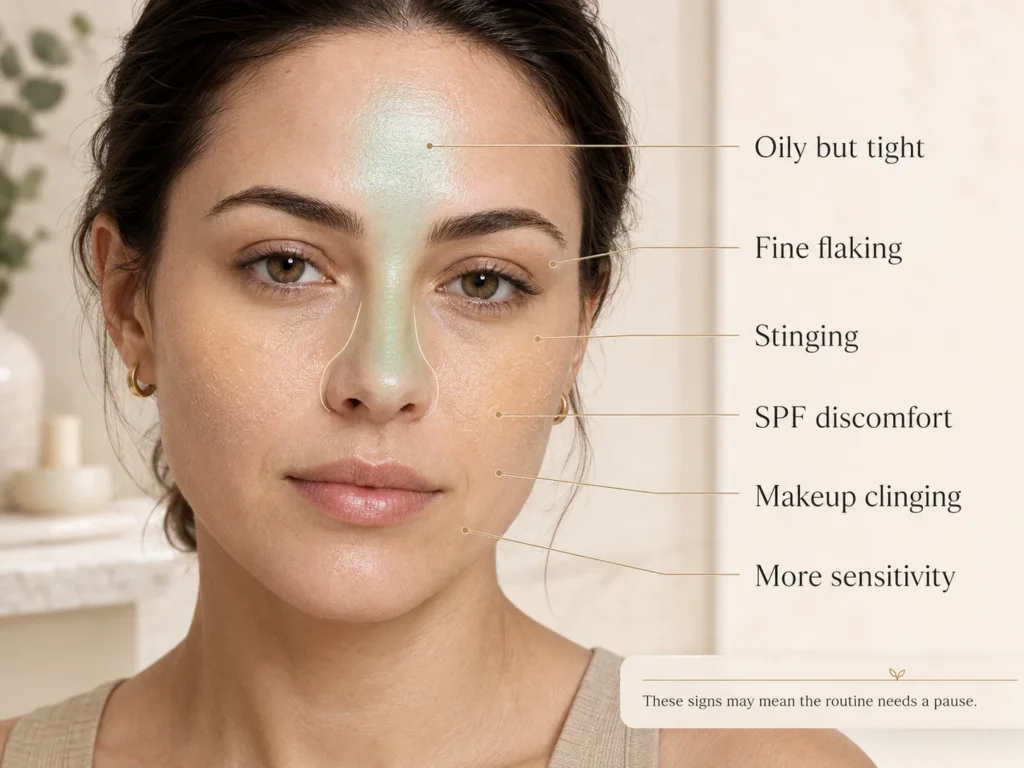 Combination skin showing subtle signs of over-exfoliation, including an oily but tight T-zone, fine cheek flaking, and increased sensitivity.