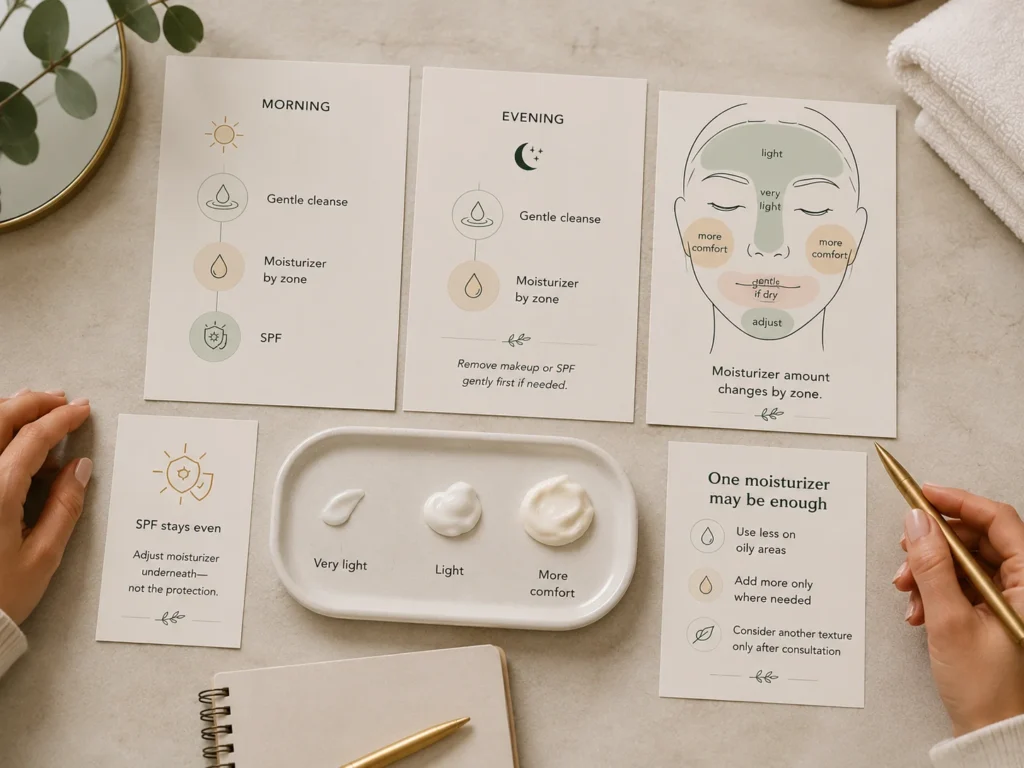 Simple combination-skin routine showing lightweight moisturizer on the T-zone, more cheek comfort, and even morning SPF.