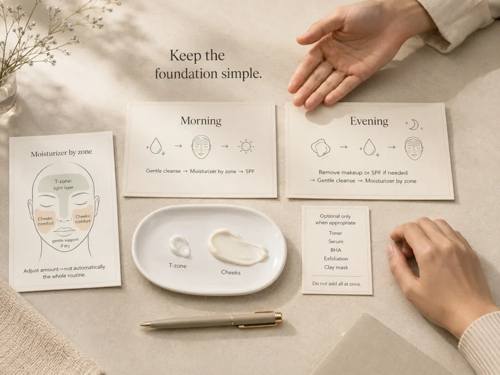 Simple morning and evening combination-skin routine showing gentle cleansing, moisturizer by zone, morning SPF, and evening makeup or SPF removal.