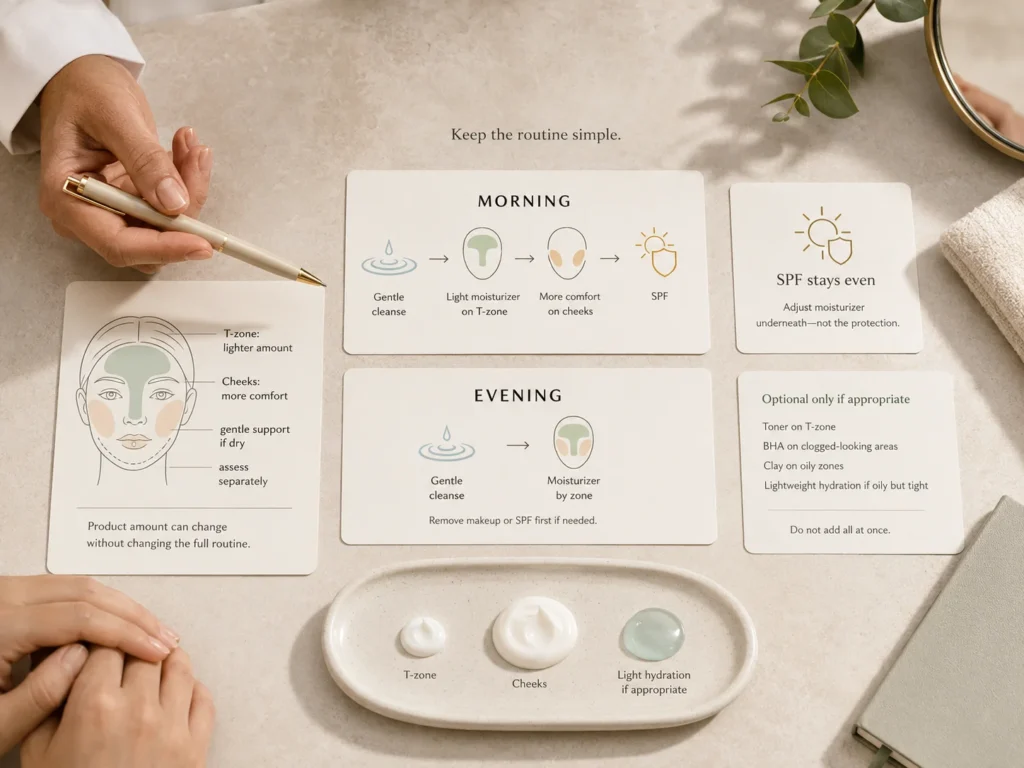 Simple morning and evening routine showing lighter moisturizer on the oily T-zone, more comfort on dry cheeks, and even morning SPF.