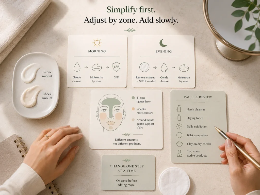 Simplified combination-skin routine showing gentle cleansing, moisturizer by zone, SPF, evening removal, and a pause on excessive active products.
