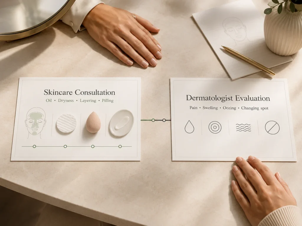 Premium consultation cards comparing cosmetic skincare guidance with warning signs that should be evaluated by a dermatologist.