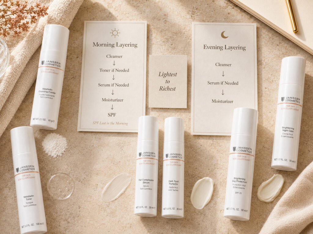 Luxury educational image showing the correct morning and evening product-layering order for uneven-looking tone.