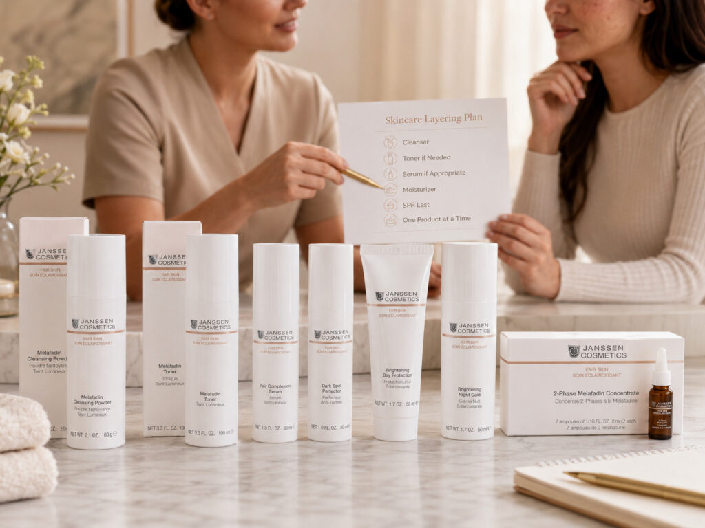 Esthetician-guided consultation showing a skincare layering plan for uneven-looking tone with verified Janssen Cosmetics FAIR SKIN products.