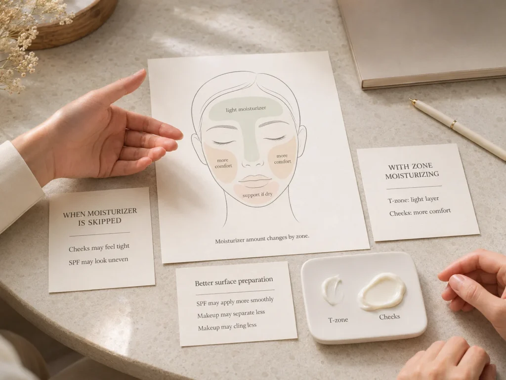 Educational comparison showing how skipping moisturizer may leave combination skin tight and uneven, while zone moisturizing supports lighter T-zone care and cheek comfort.