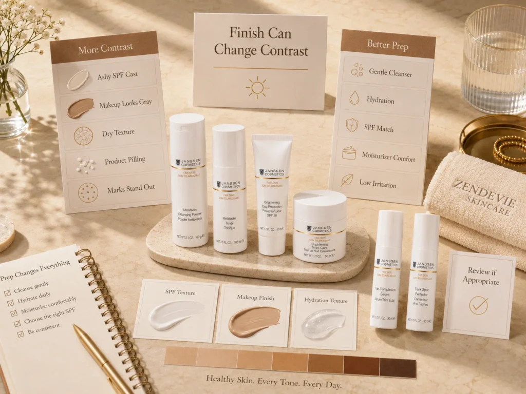 Luxury skincare education image showing how SPF cast, makeup finish, dryness, and texture can make dark spot appearance look more noticeable.