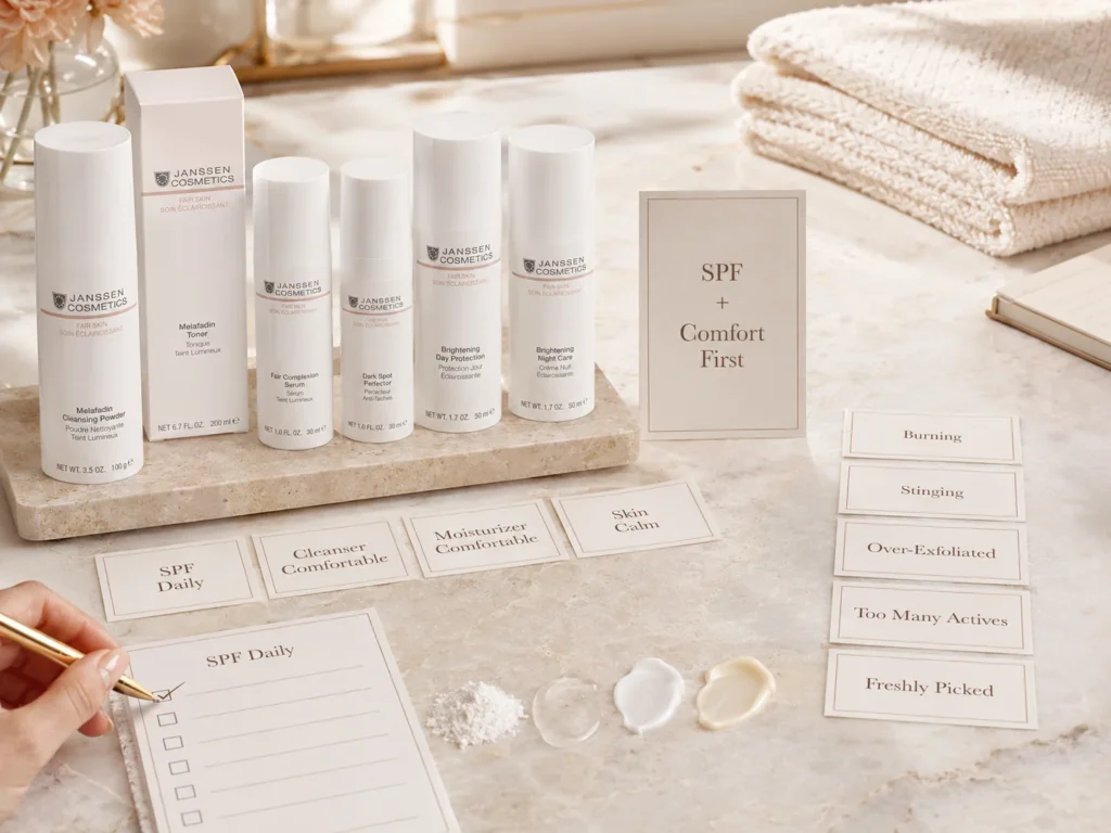 Luxury skincare education image showing SPF, comfort, and calm skin before choosing vitamin C or brightening-support serum.
